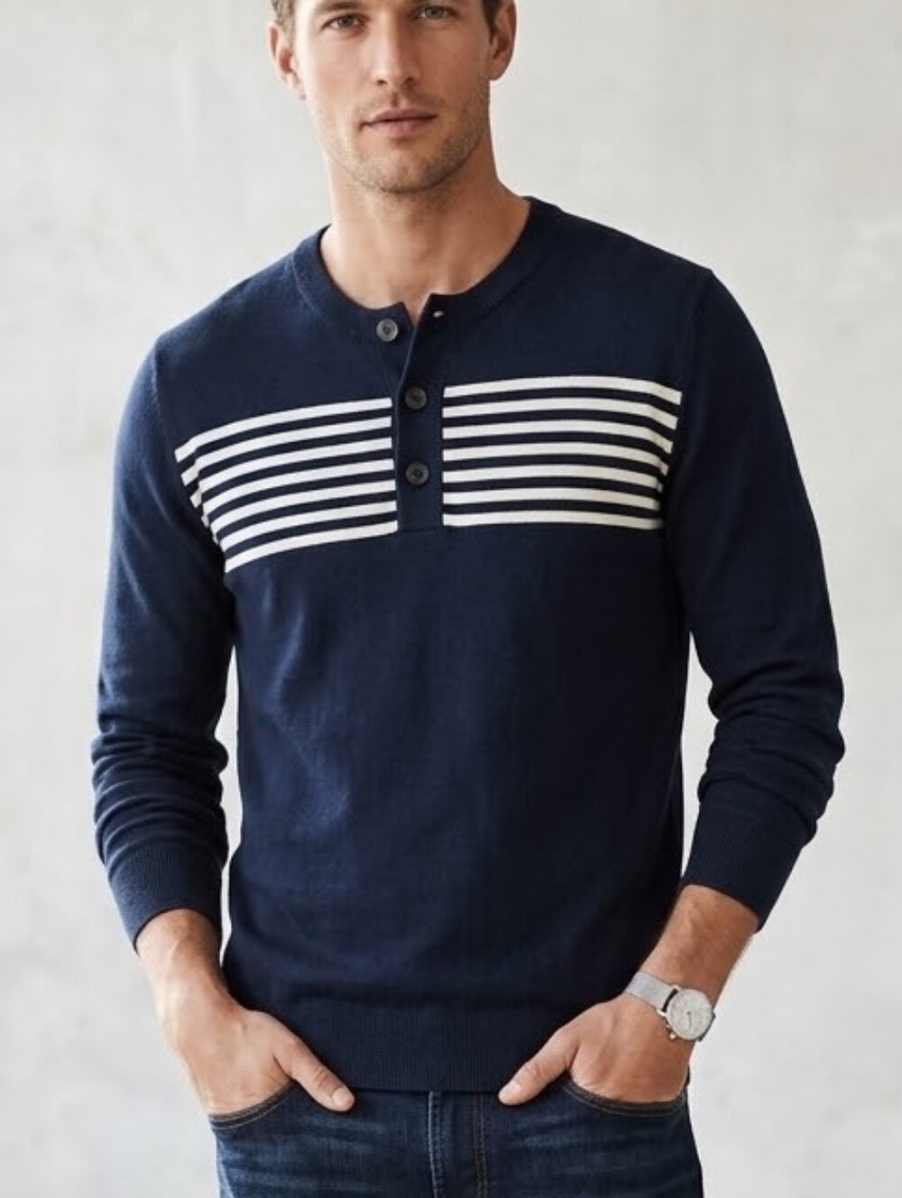 NWT Banana Republic Striped Henley Sweater Blue White Cotton Large